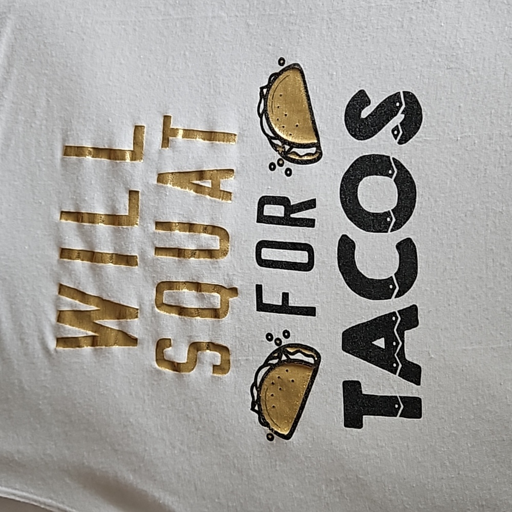 Miken Flow WILL SQUAT FOR TACOS  Tank Top Sleeveless Womens Medium White Gold - Picture 3 of 12